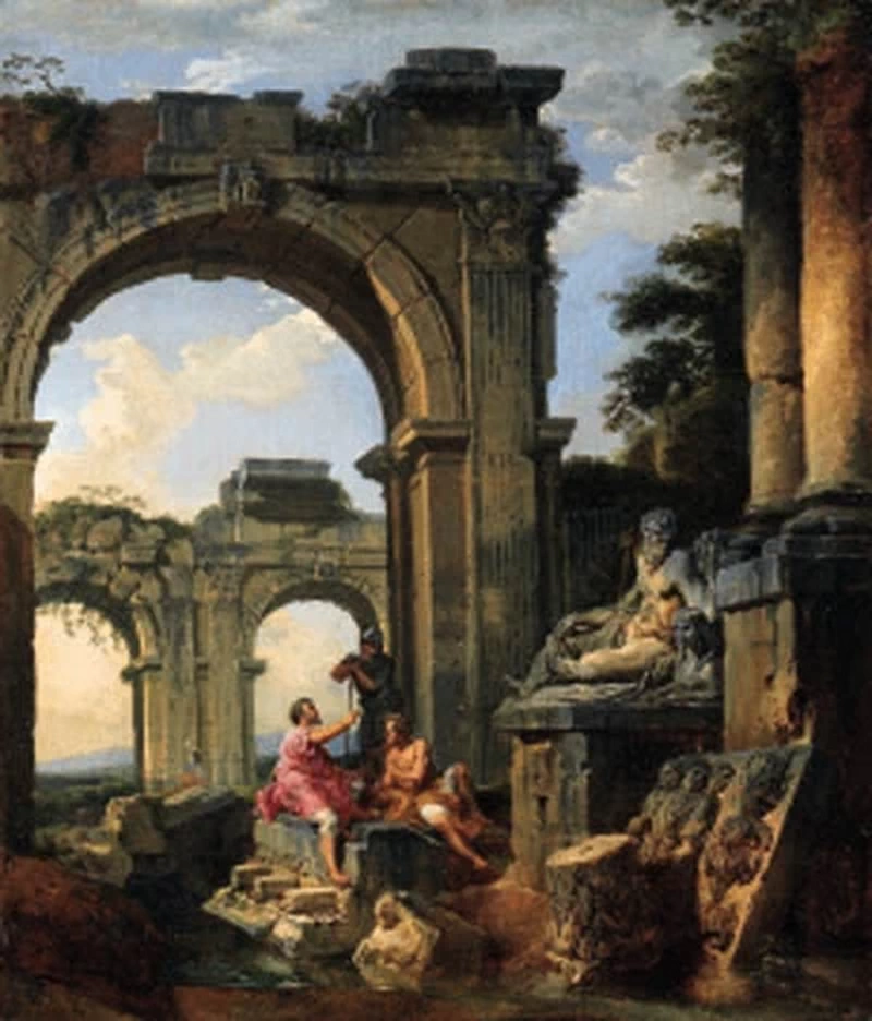 Un capriccio di rovine classiche con tre figure che conversano davanti alla statua di un dio fluviale